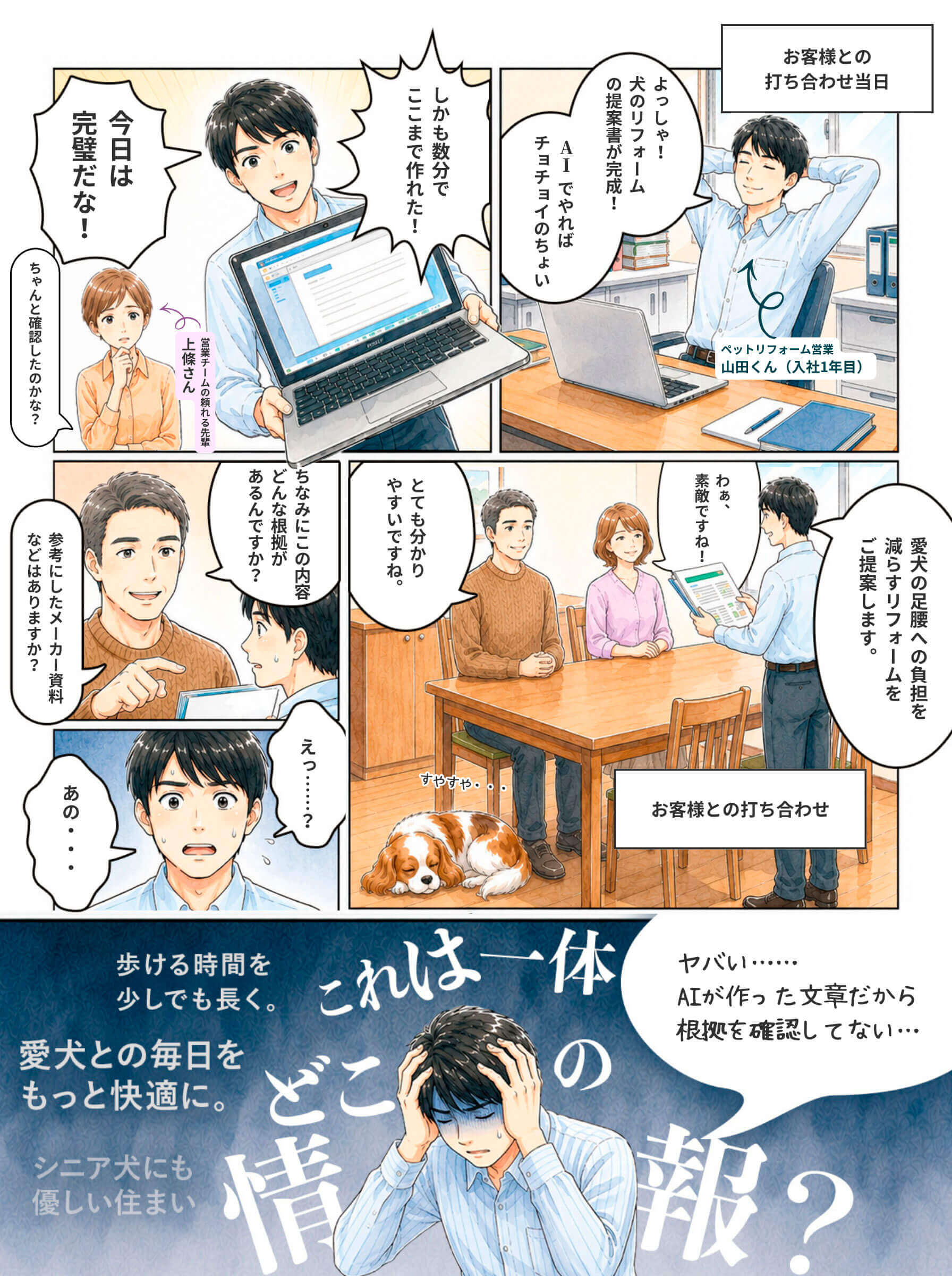 漫画 1ページ目：AIで作った提案書、根拠を聞かれて困る営業マンの話