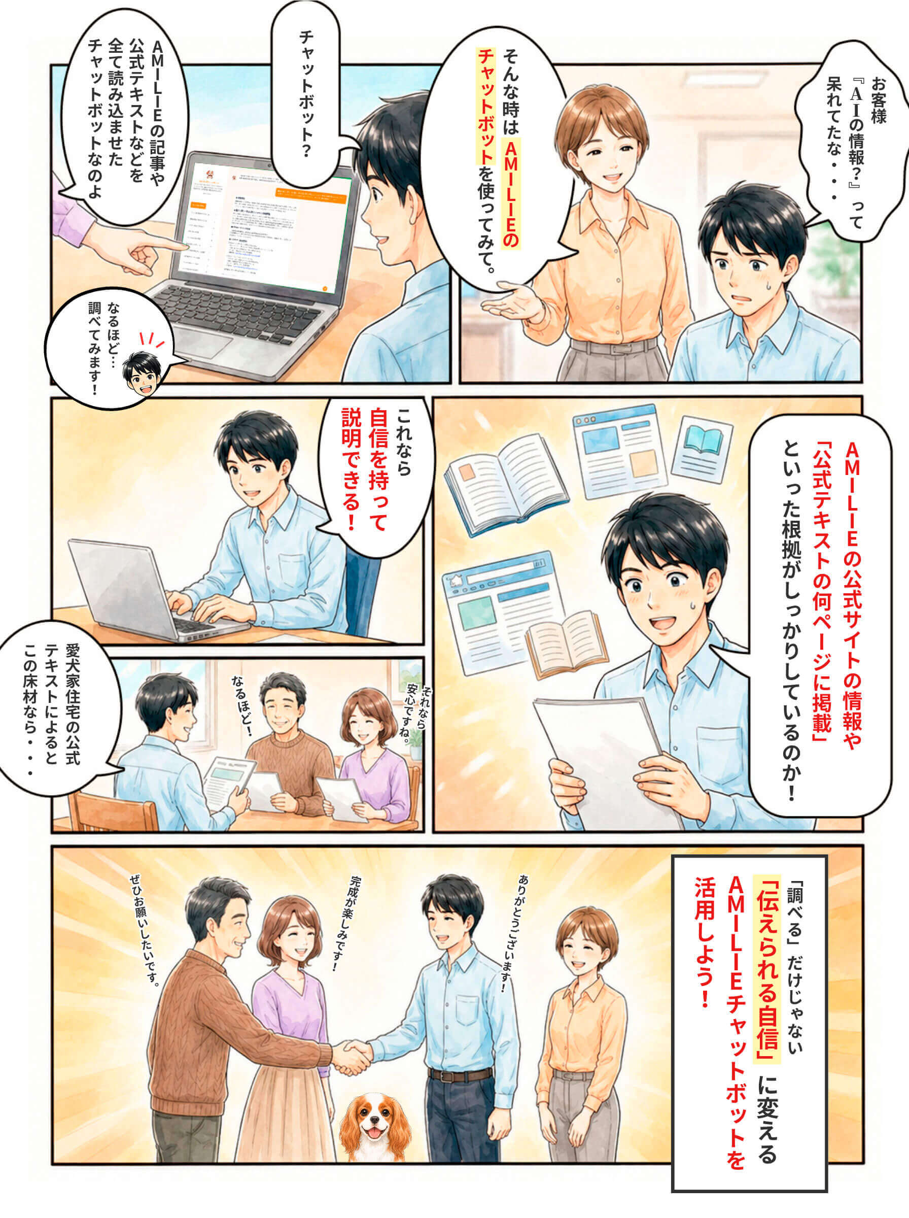 漫画 2ページ目：AMILIEチャットボットで根拠ある提案ができ、契約につながる話